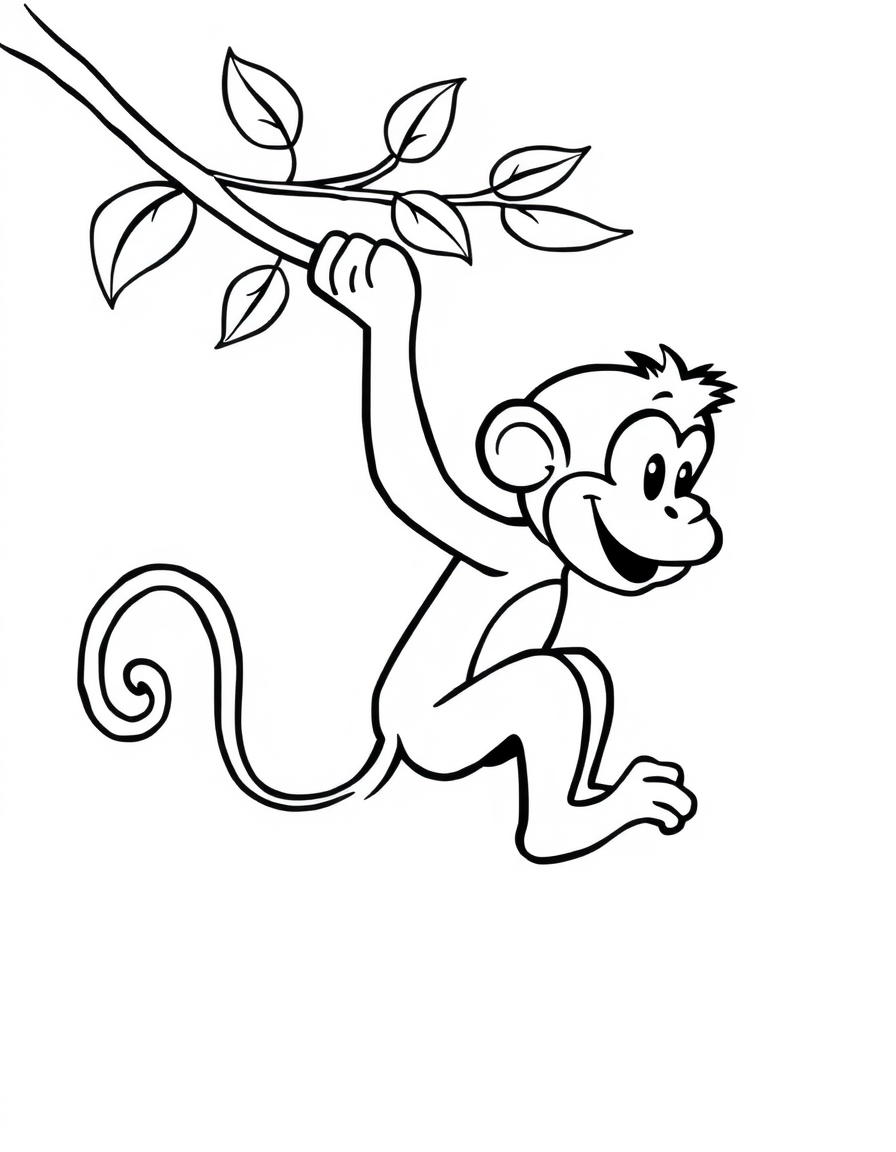 Coloring page of a cartoon monkey swinging from a jungle vine