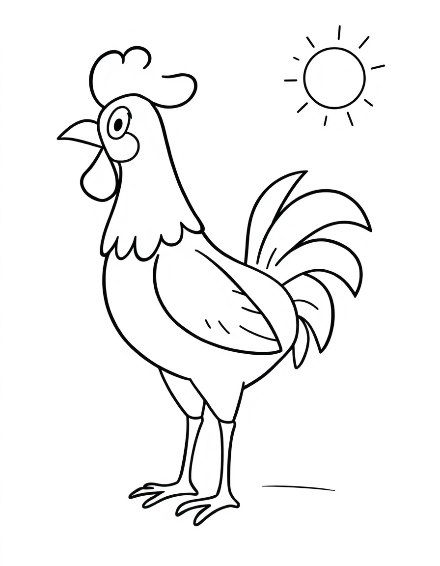 Coloring page of a cartoon rooster crowing with its head raised and its beak open