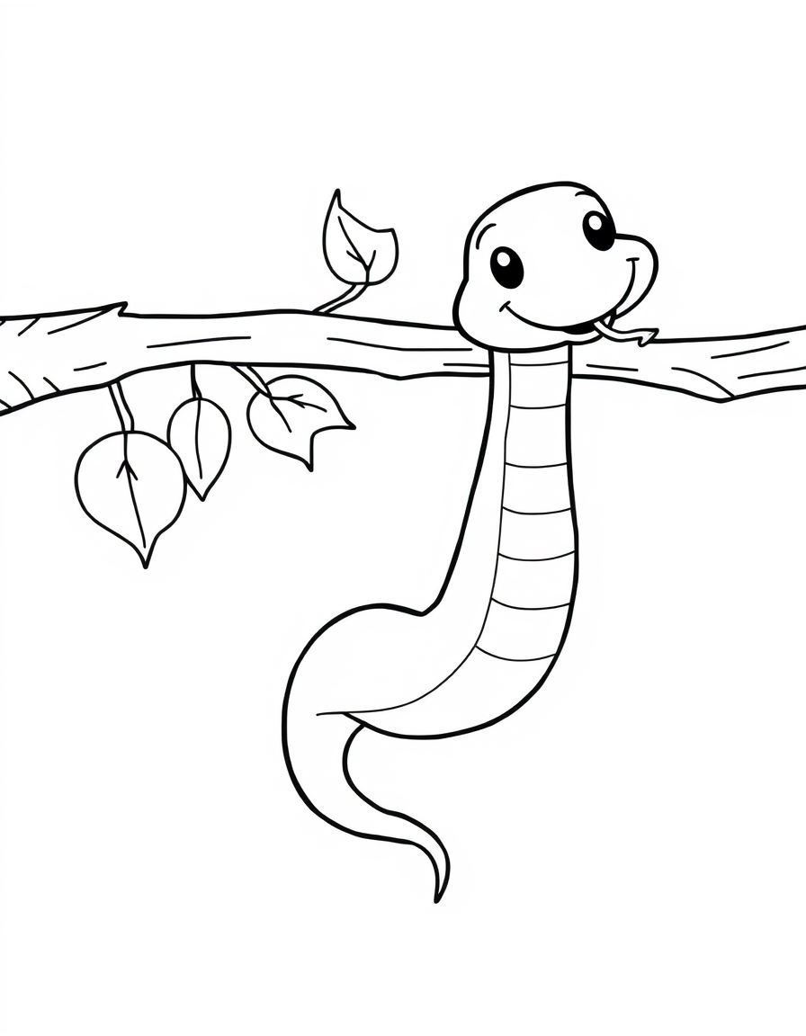 Coloring page of a cartoon snake draped over a thick tree branch with leaves