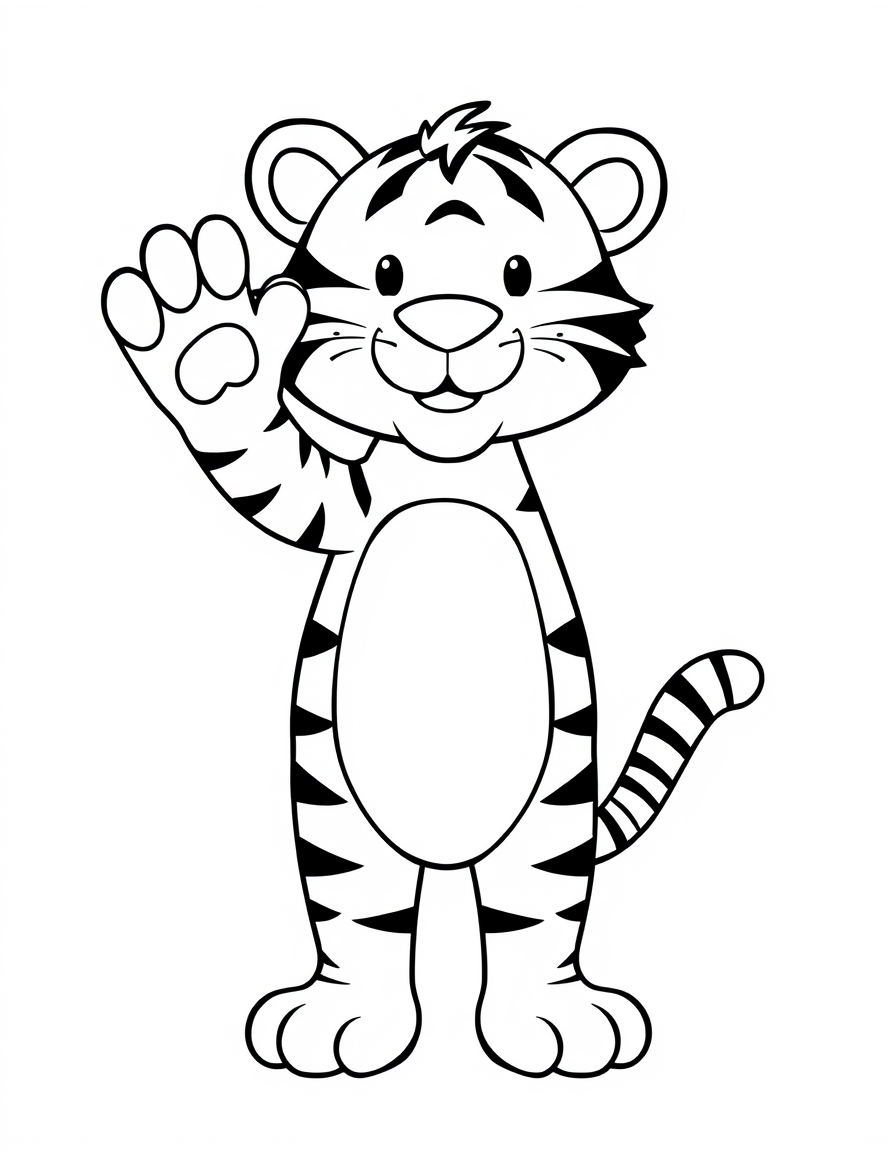 Cartoon Tiger Waving Hello black and white line art