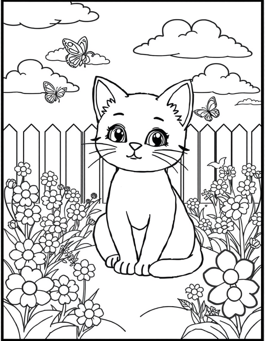 Cat in Garden coloring page - free printable