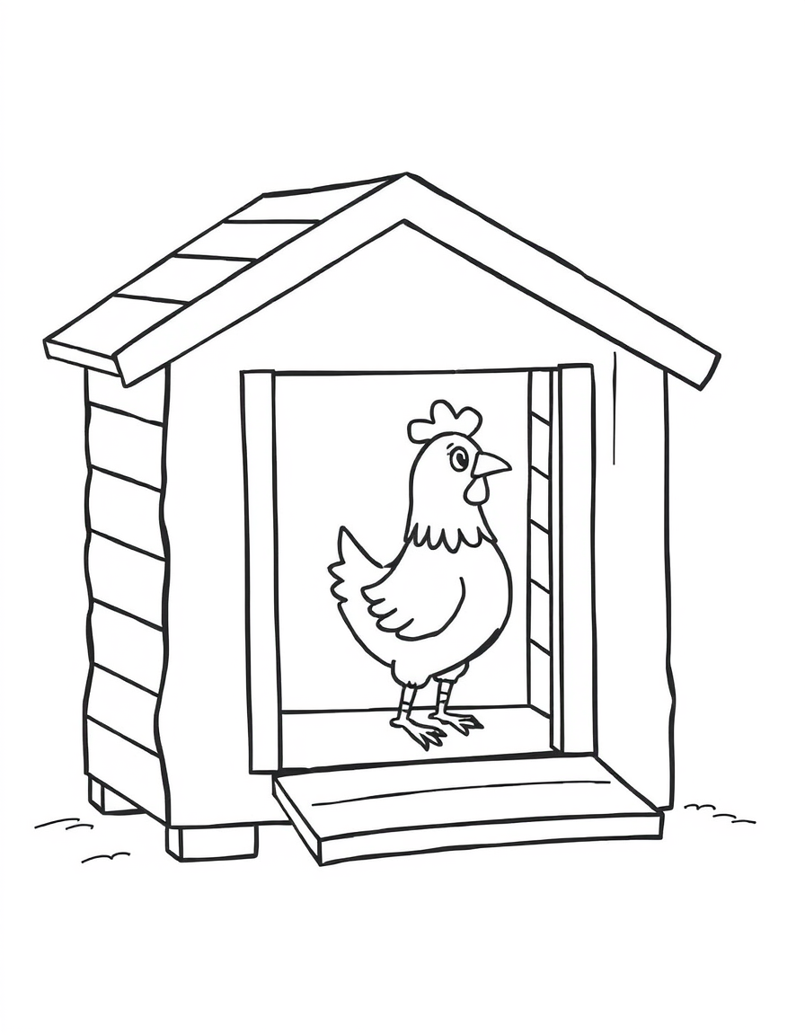 Coloring page of a small wooden chicken coop with a hen standing in the doorway