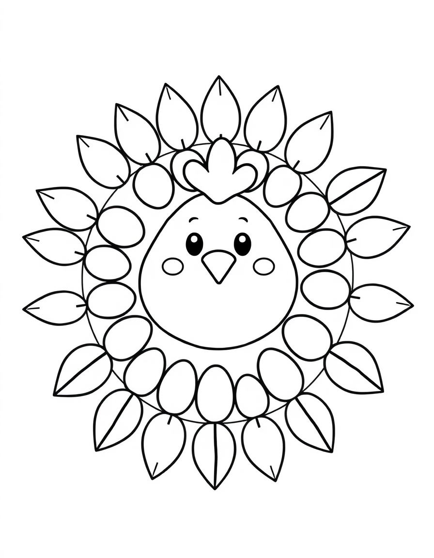 Round mandala coloring page with a chicken head at the centre and rings of eggs and feathers