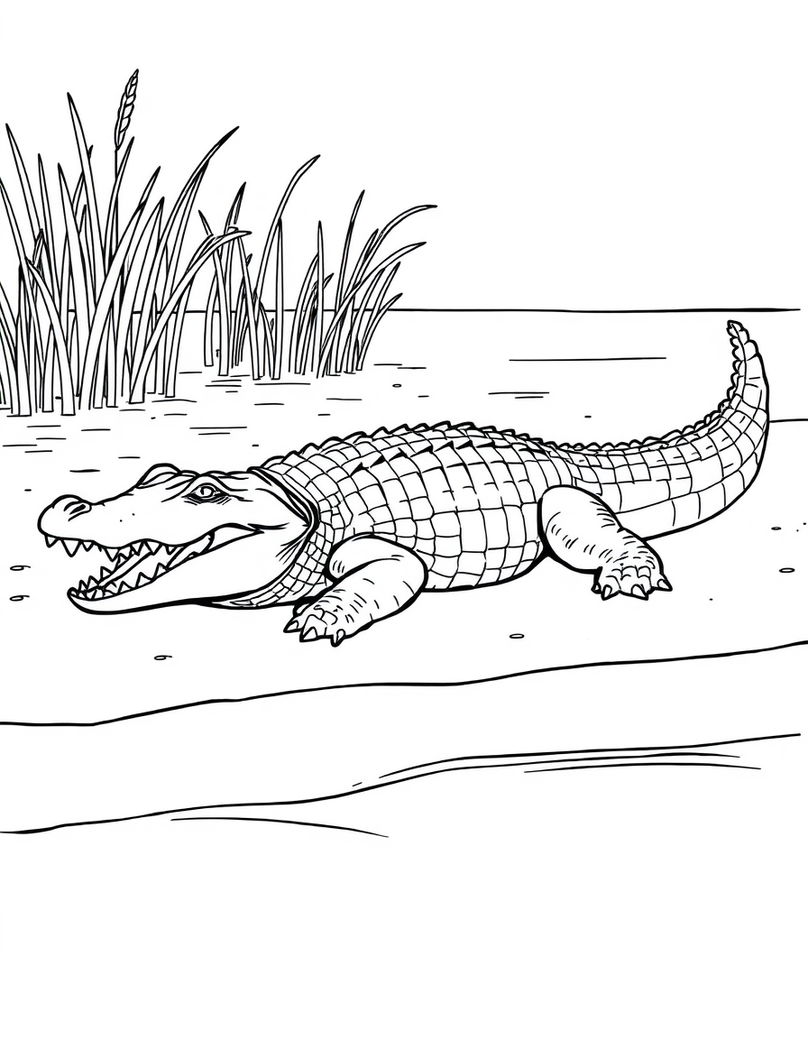 Crocodile Basking on the Riverbank black and white line art