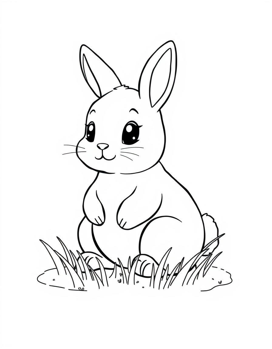 Black and white coloring page of cute baby bunny sitting in the grass