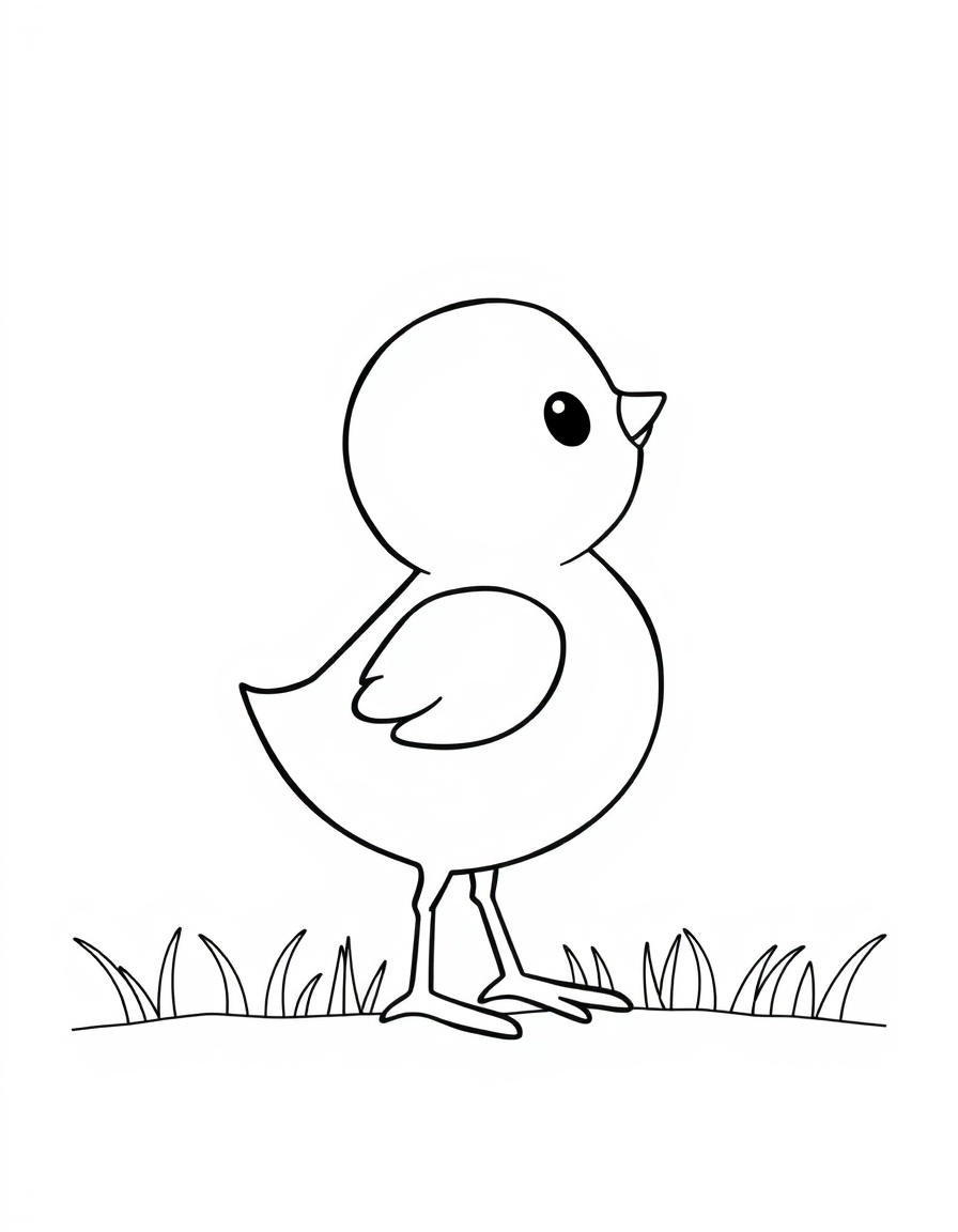 Coloring page of a cute baby chick standing in short grass