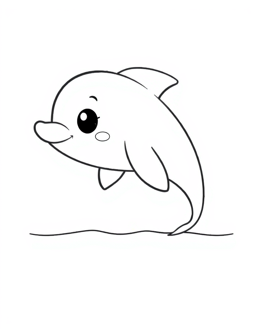 Cute Baby Dolphin Smiling Above the Water black and white line art