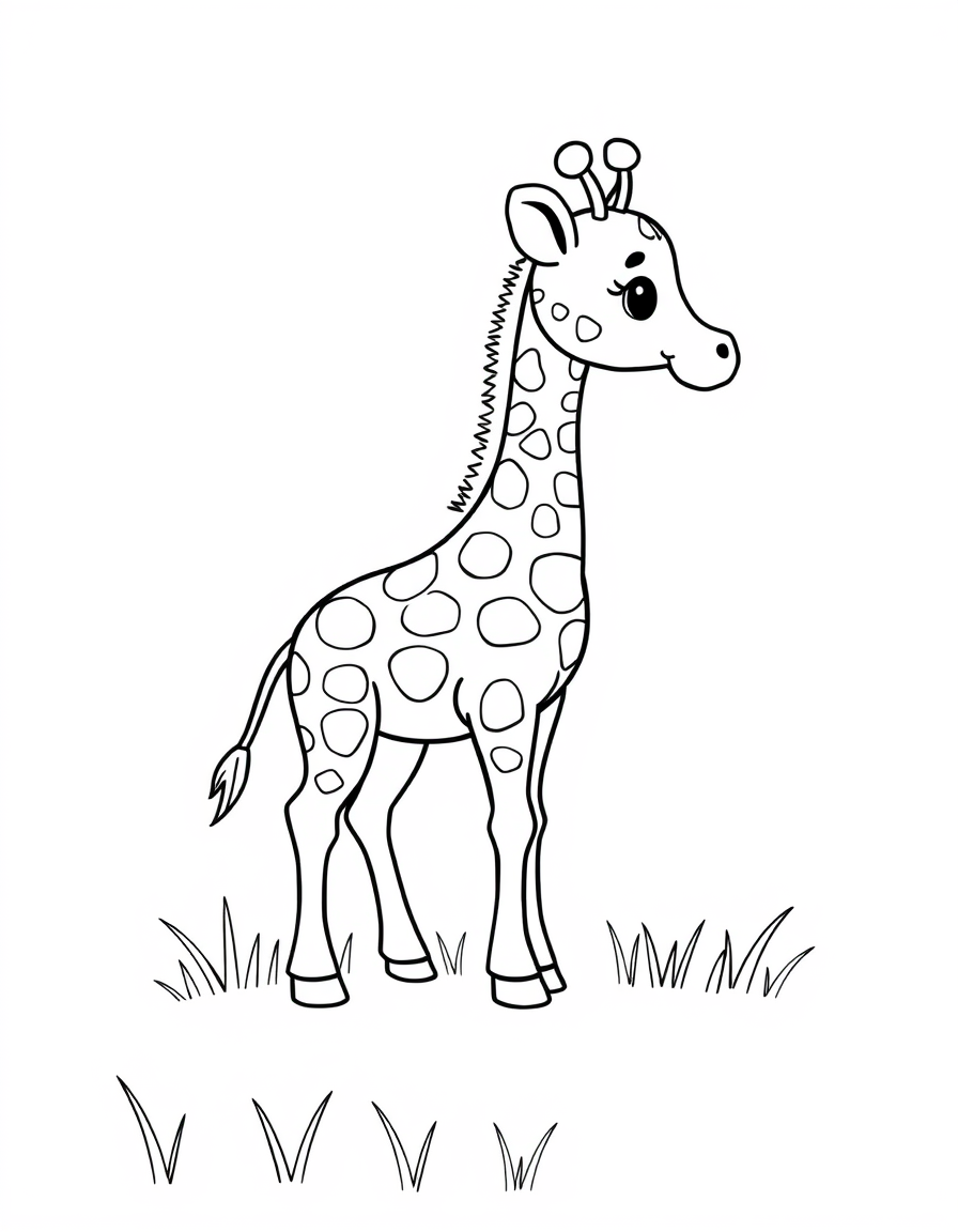 Coloring page of a cute baby giraffe standing in short grass