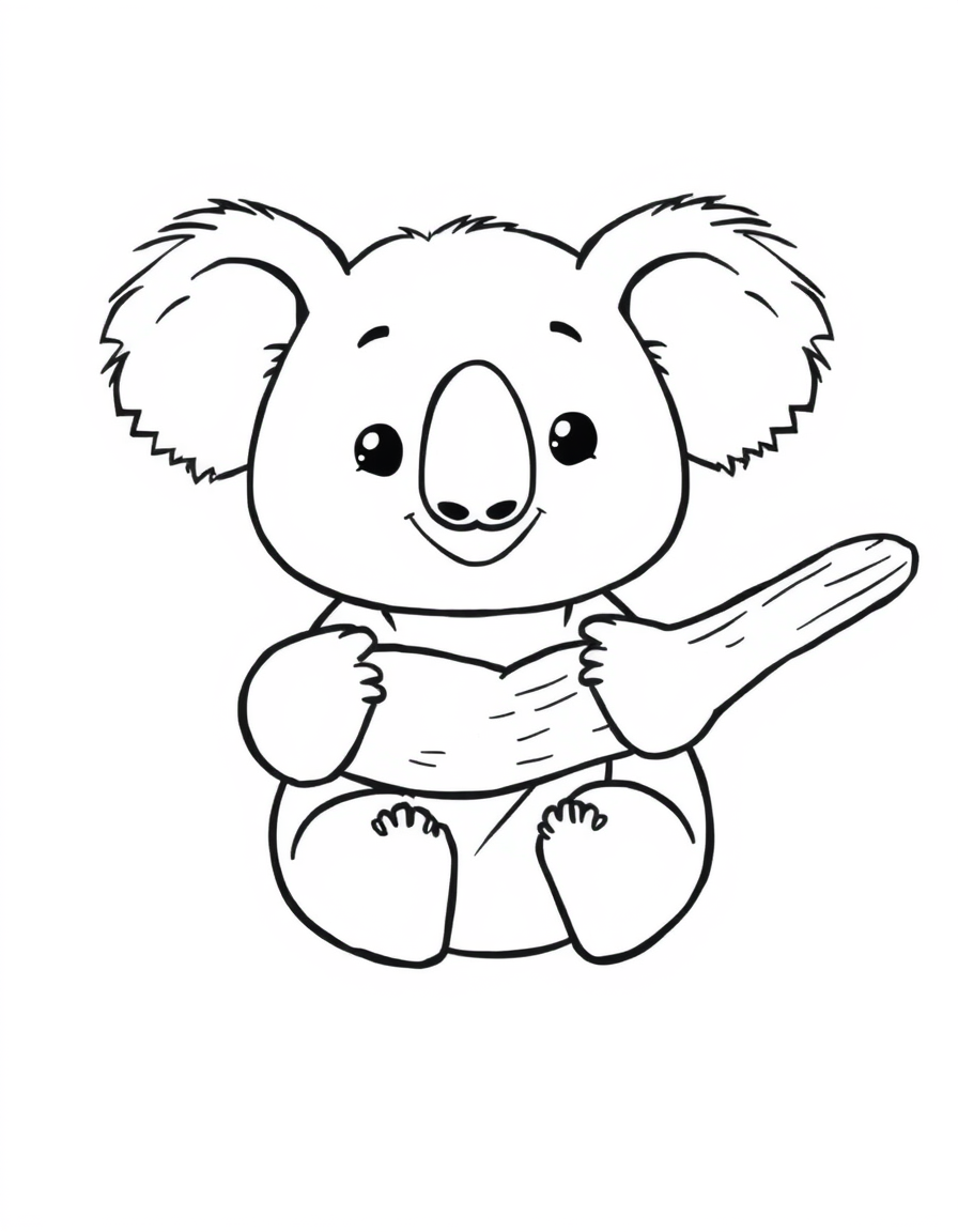 Coloring page of a cute baby koala hugging a tree branch with both front paws