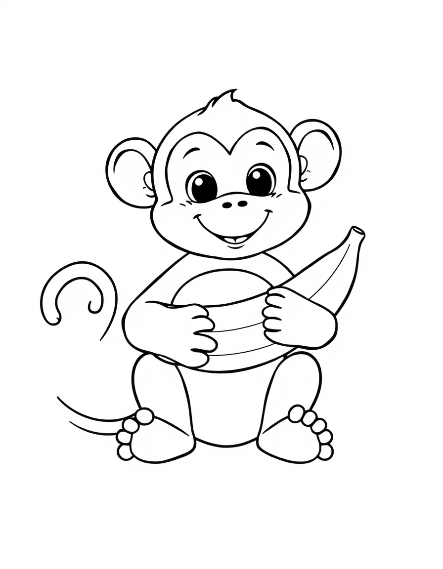Coloring page of a cute baby monkey sitting up and holding a large banana