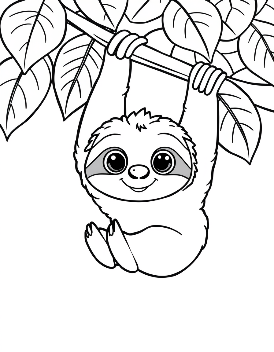 Cute Baby Sloth Hanging From a Branch black and white line art