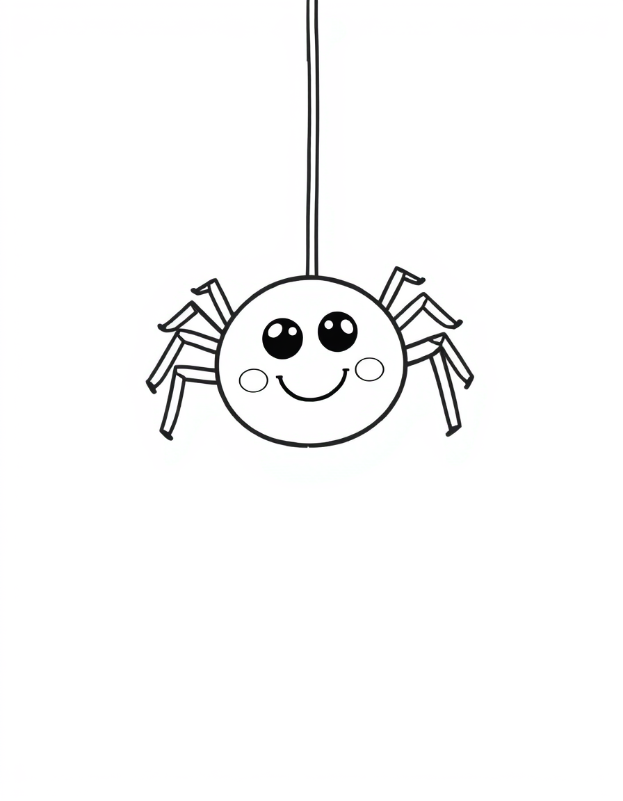 Cute Baby Spider Hanging From a Silk Thread black and white line art