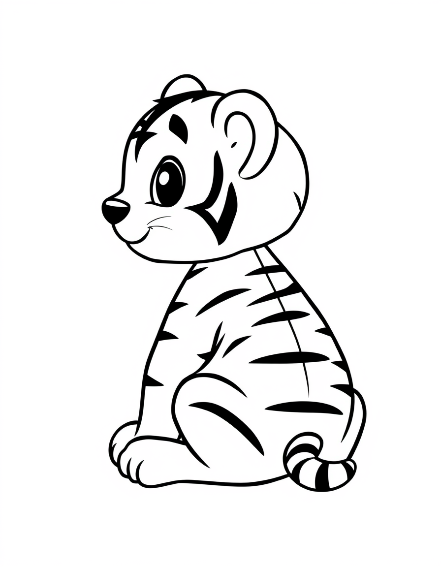 Cute Baby Tiger Cub Sitting black and white line art