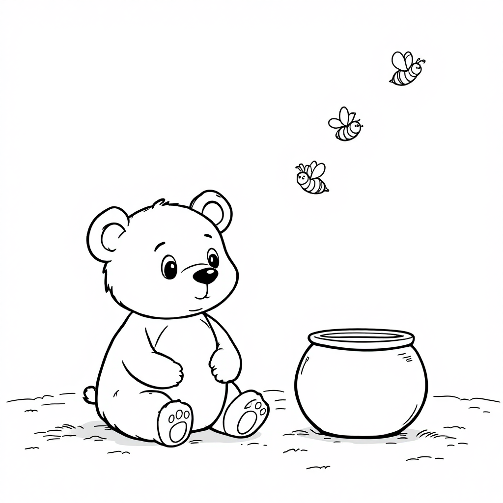 Coloring page of a cute bear cub sitting on the ground beside a honey pot with bees above