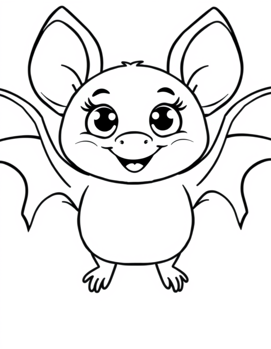 Cute Cartoon Bat With Big Round Eyes black and white line art