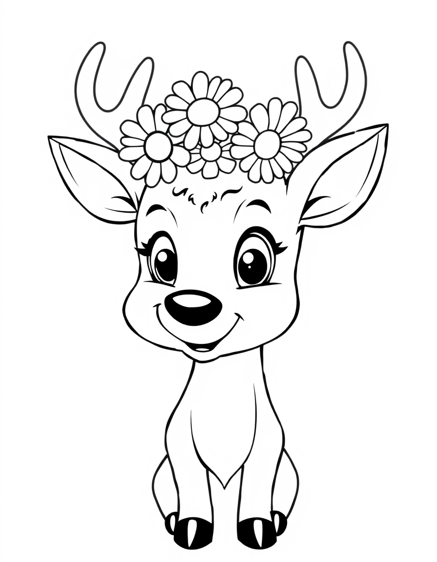 Cute Cartoon Deer Wearing a Flower Crown black and white line art