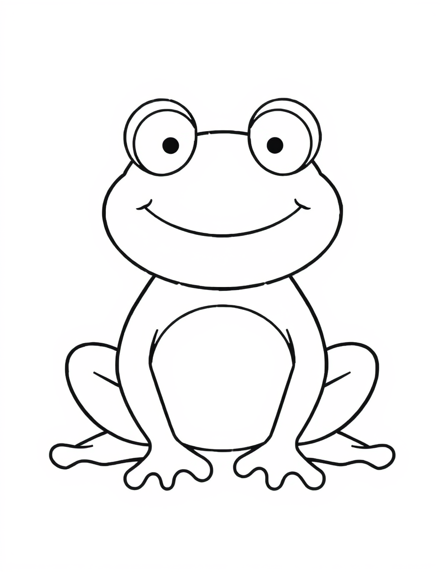 Coloring page of a cute cartoon frog sitting and smiling with big round eyes