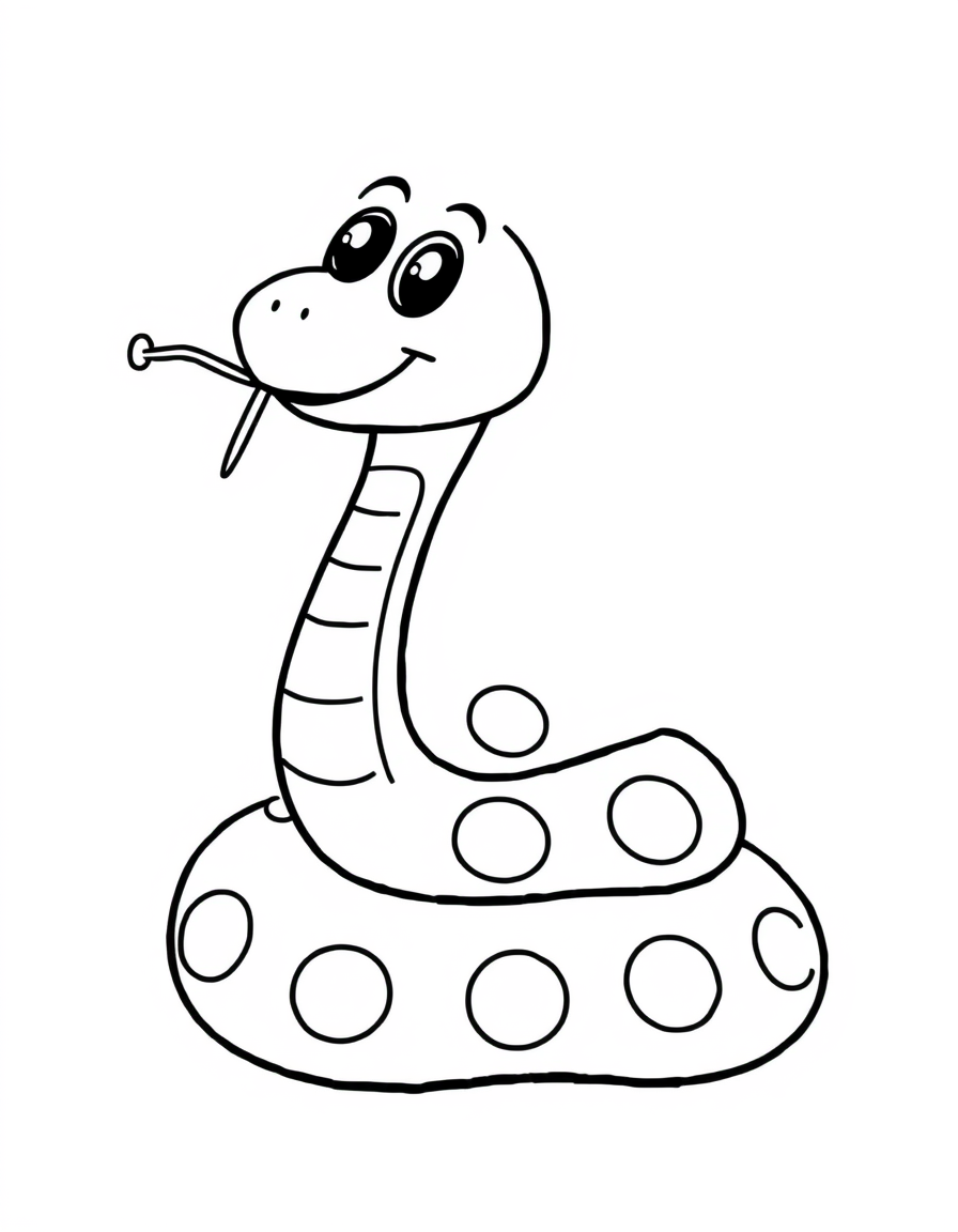 Coloring page of a cute cartoon snake coiled in loops with a big smile