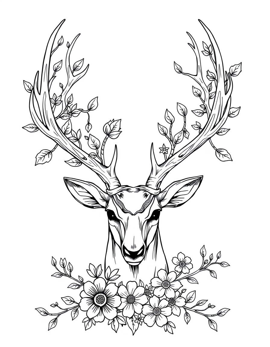 Deer Antlers Branching Into Leaves and Flowers black and white line art
