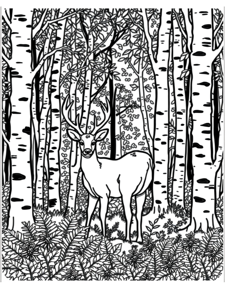 Deer in a Birch Forest With Ferns and Dappled Light black and white line art