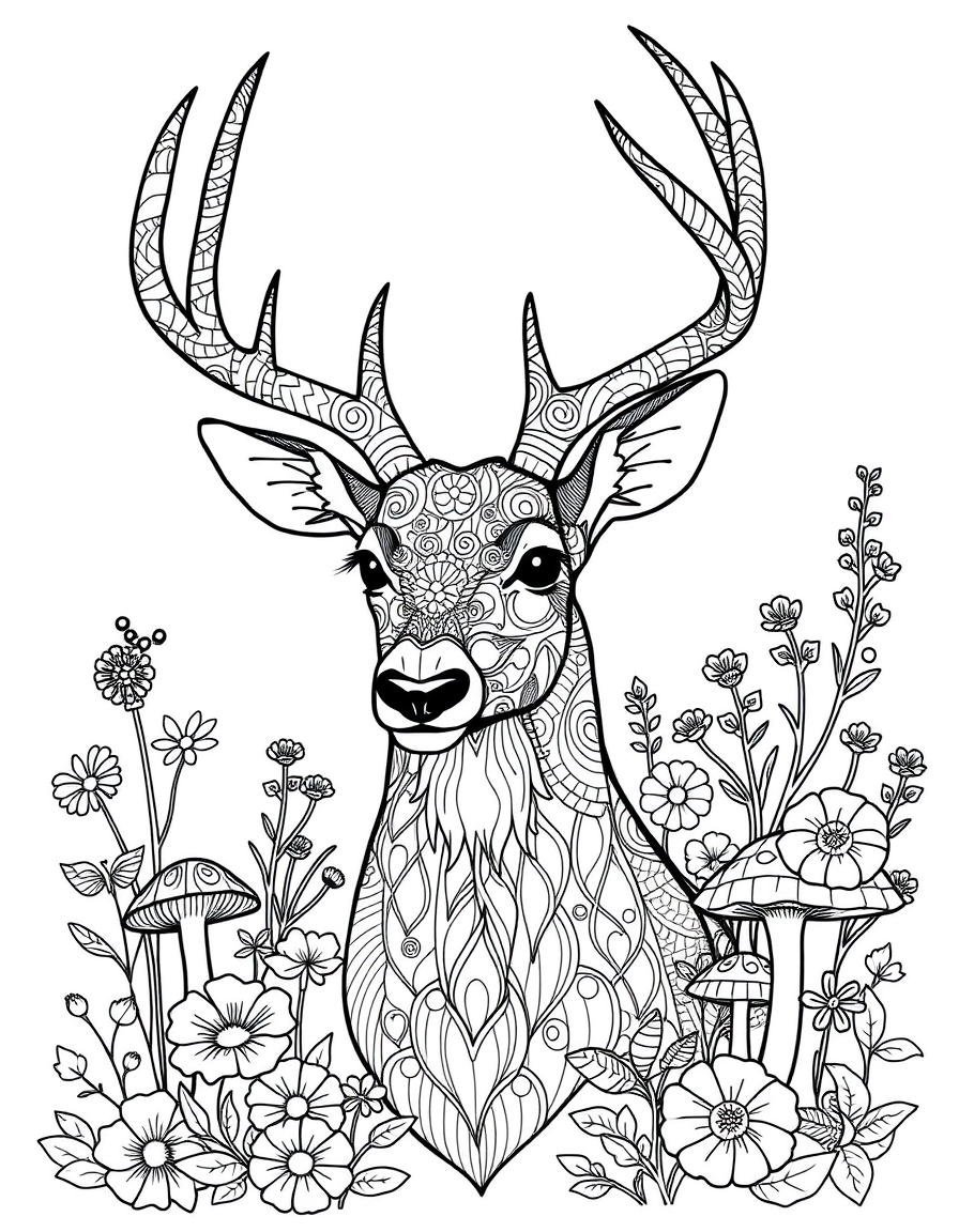 Deer With Patterned Antlers and Woodland Flowers black and white line art