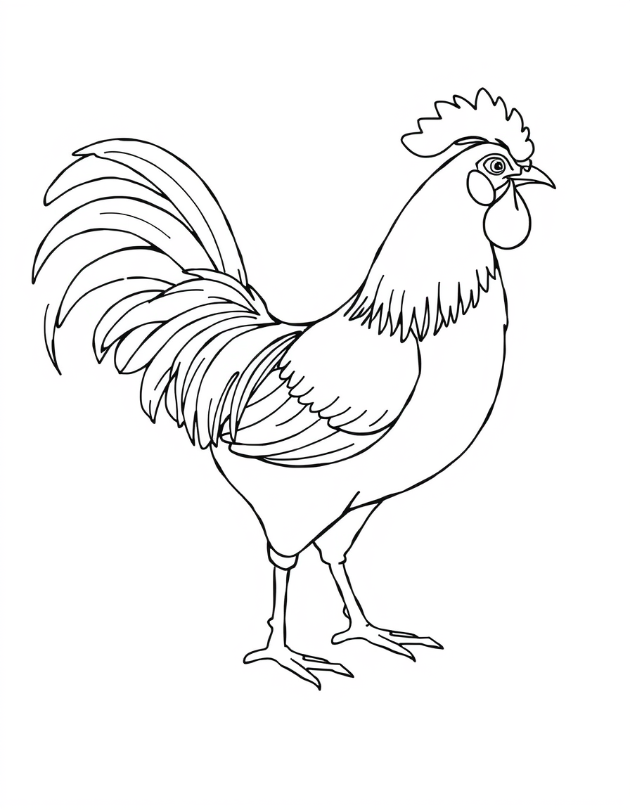 Detailed coloring page of a rooster with long curved tail feathers