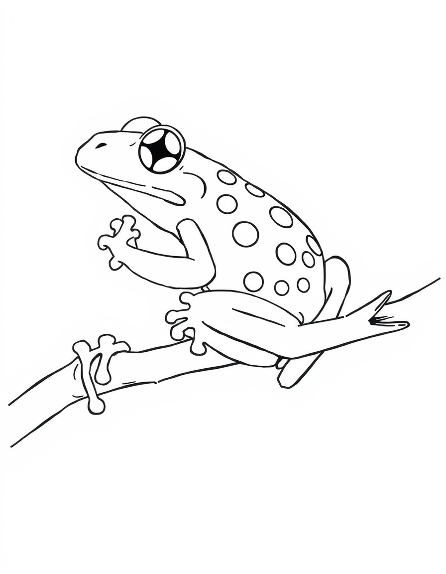 Detailed coloring page of a tree frog gripping a branch with round toe pads on every toe