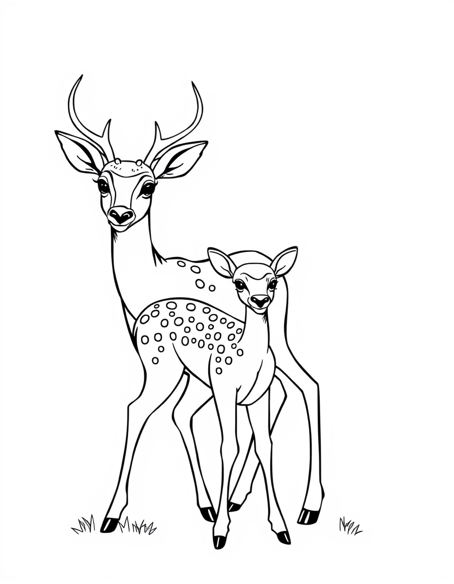 Doe and Her Fawn Standing Together black and white line art