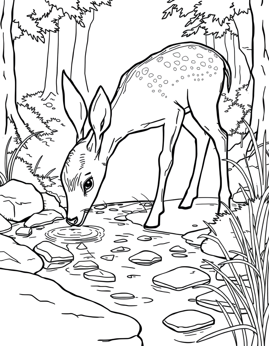Doe Drinking From a Forest Stream black and white line art
