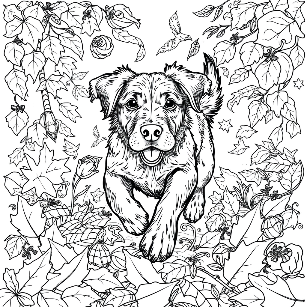 Black and white coloring page of dog running through fallen autumn leaves
