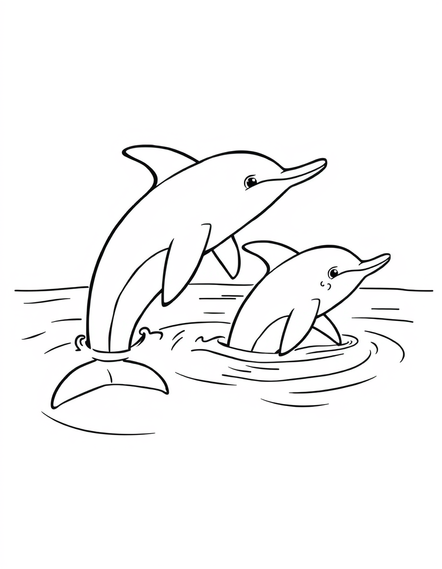 Dolphin and Calf Surfacing to Breathe black and white line art