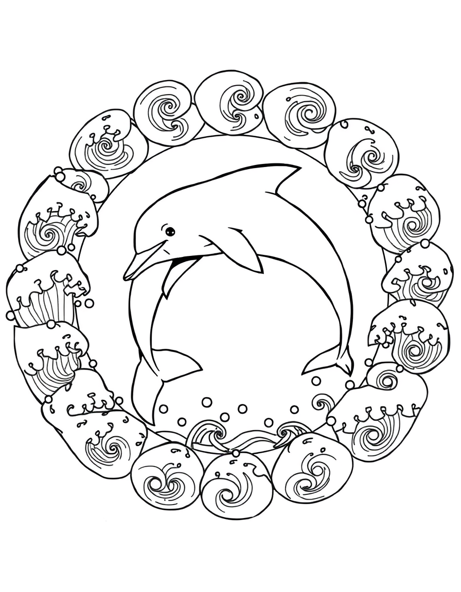 Dolphin Inside a Circular Wave Mandala black and white line art