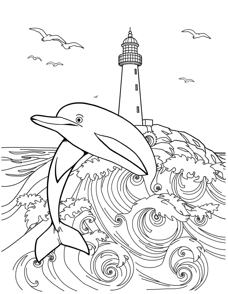 Dolphin Leaping Past a Lighthouse and Rolling Waves black and white line art