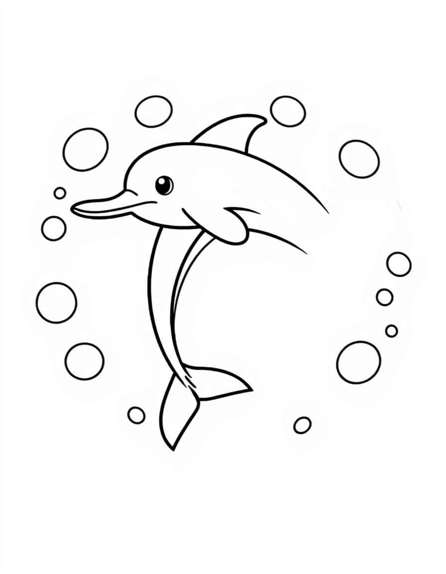 Dolphin Leaping Through a Ring of Bubbles black and white line art