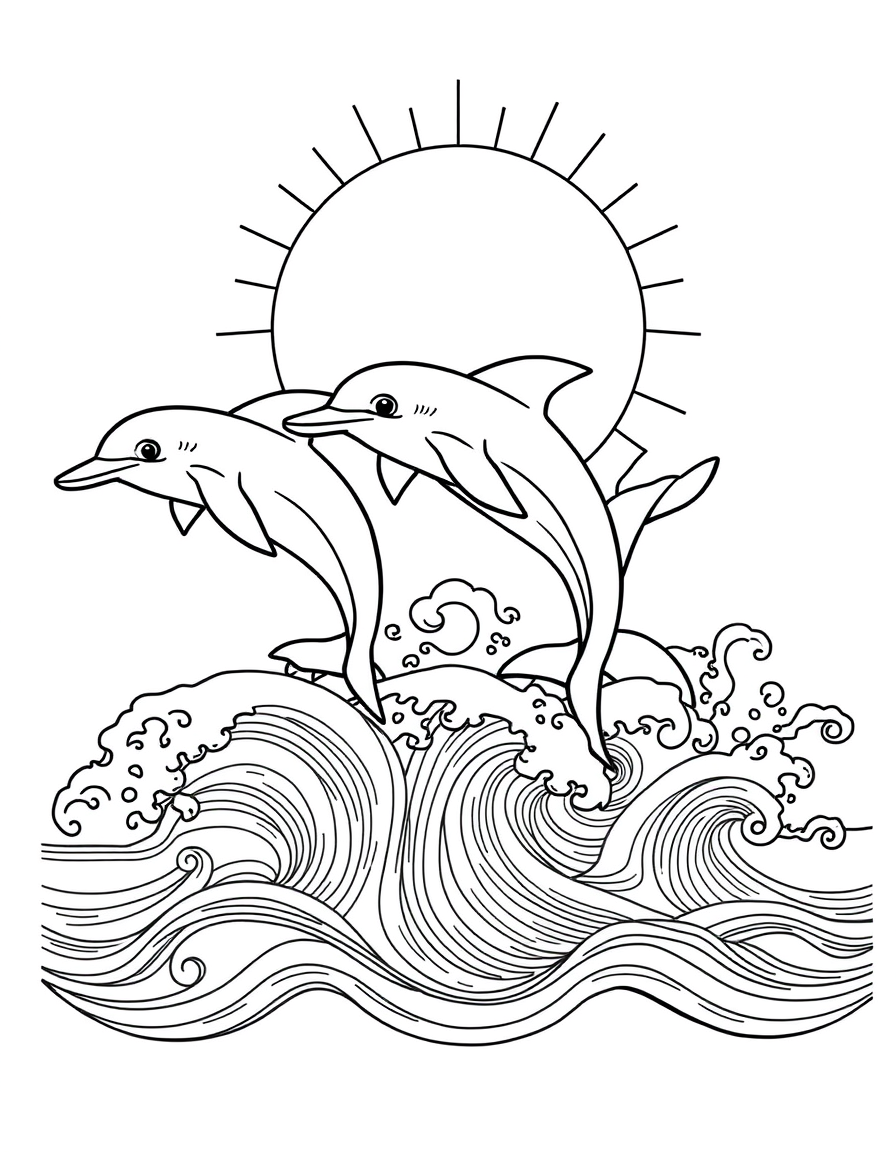 Dolphin Pod Beneath a Sunburst and Ocean Waves black and white line art