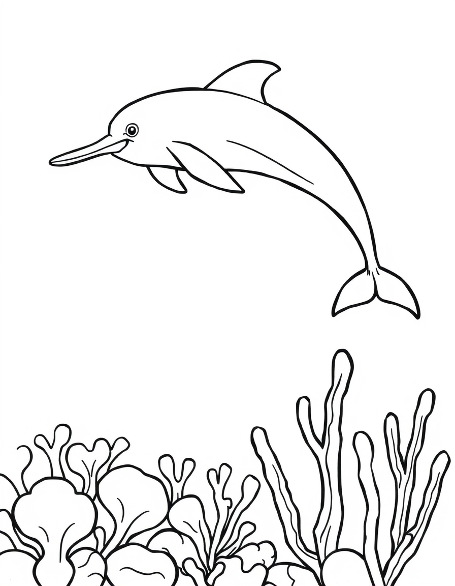 Dolphin Swimming Over a Coral Reef black and white line art