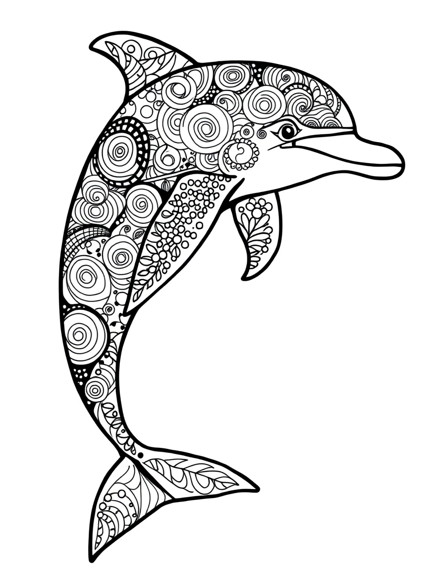Dolphin With Patterned Zentangle Fins black and white line art