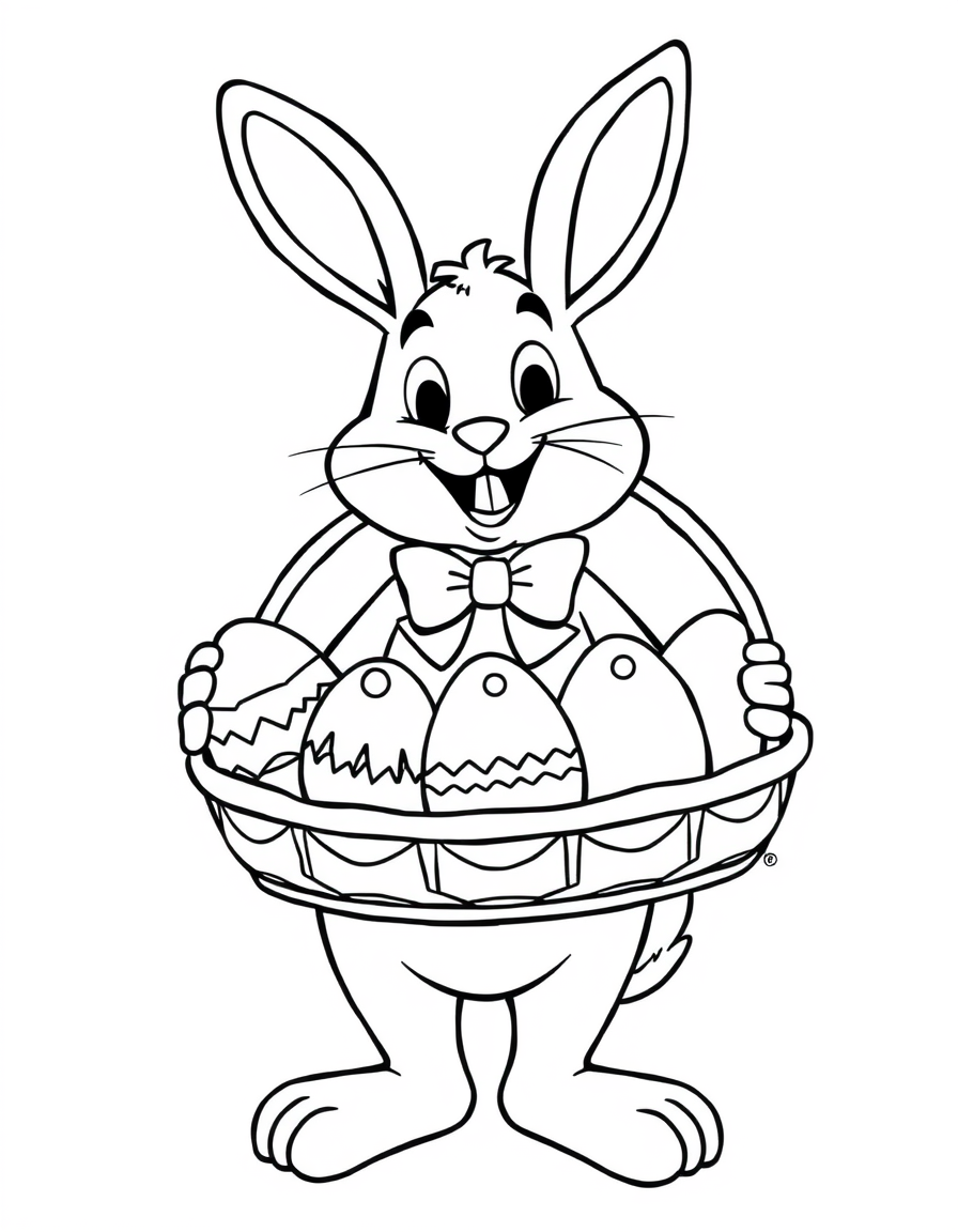 Black and white coloring page of easter bunny with a basket of eggs