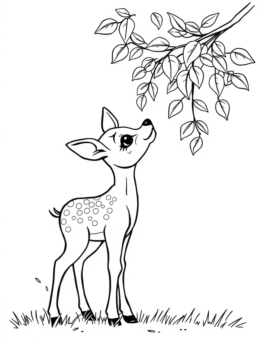 Fawn Nibbling Leaves From a Low Branch black and white line art