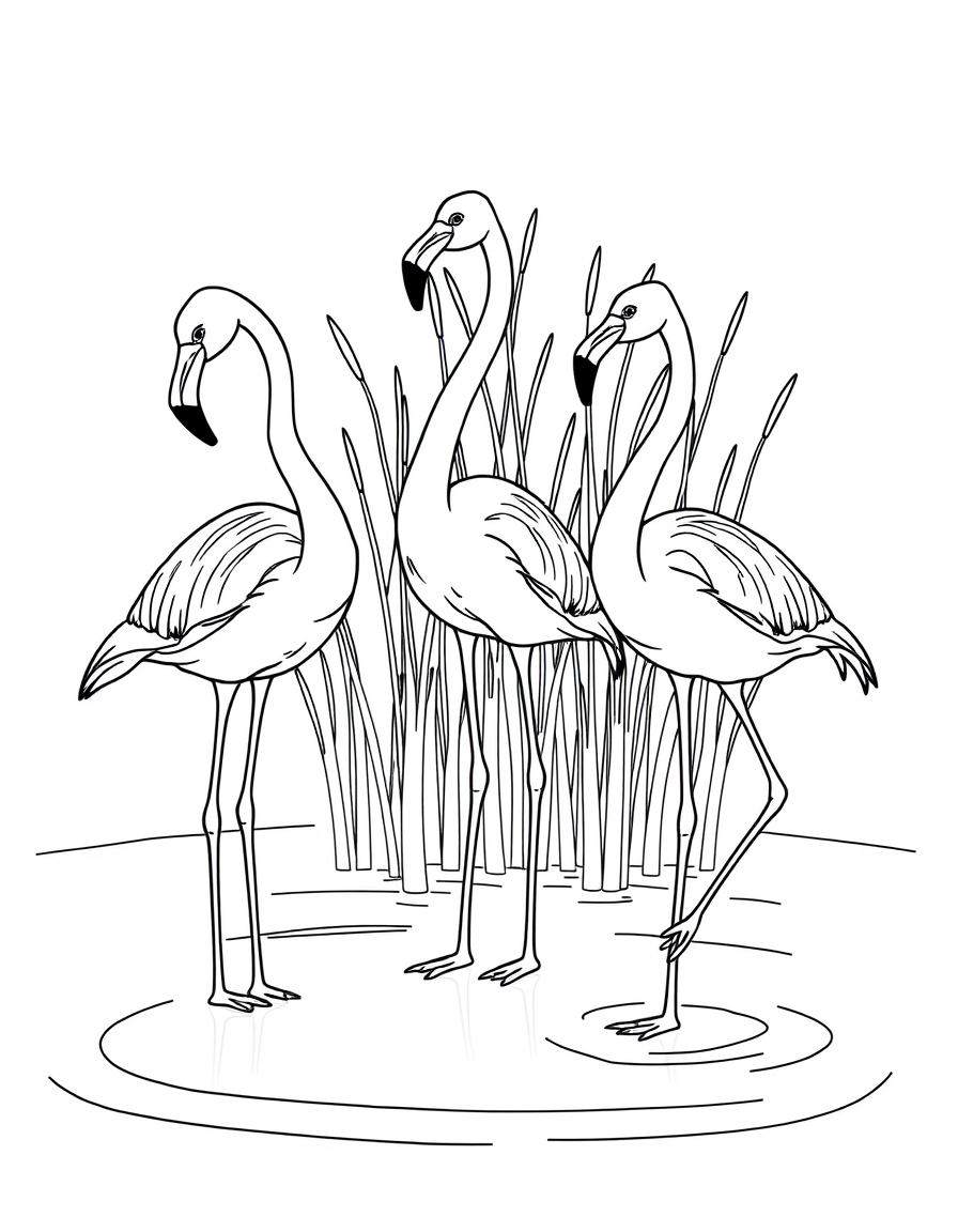 Flamingos Standing in a Shallow Pool black and white line art