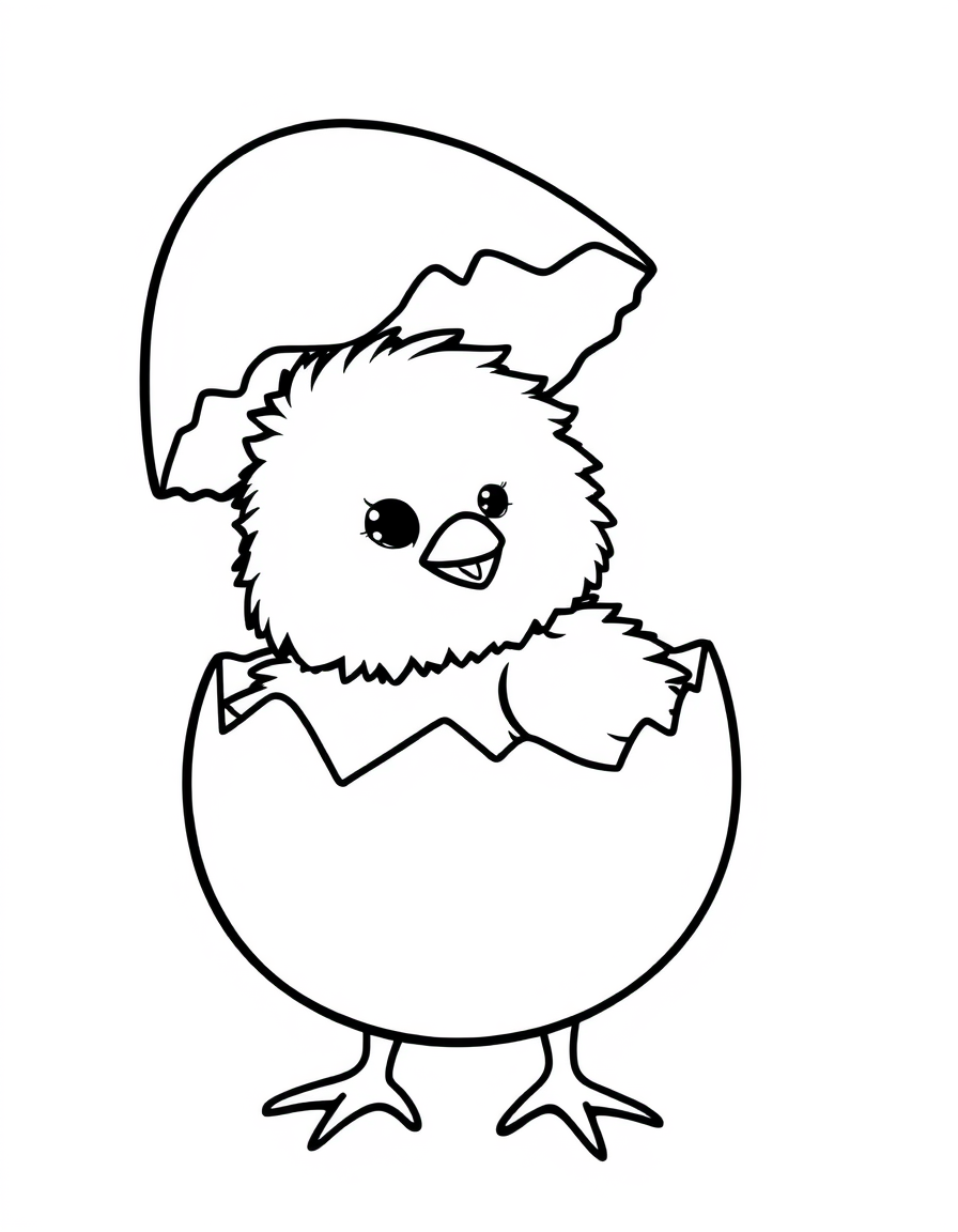 Fluffy baby chick hatching from a cracked egg, thick outline coloring page