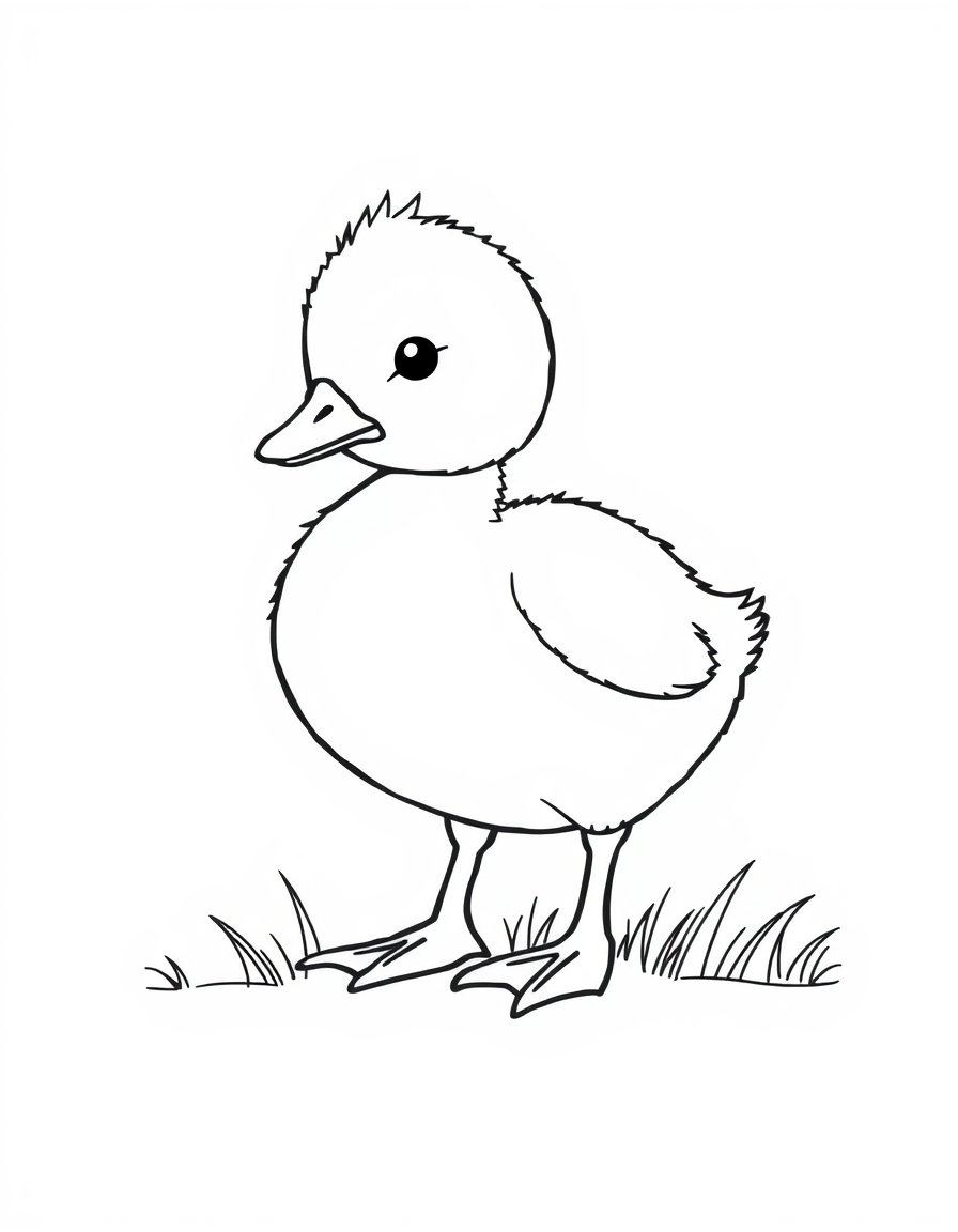 Fluffy duckling standing in short grass, thick outline coloring page