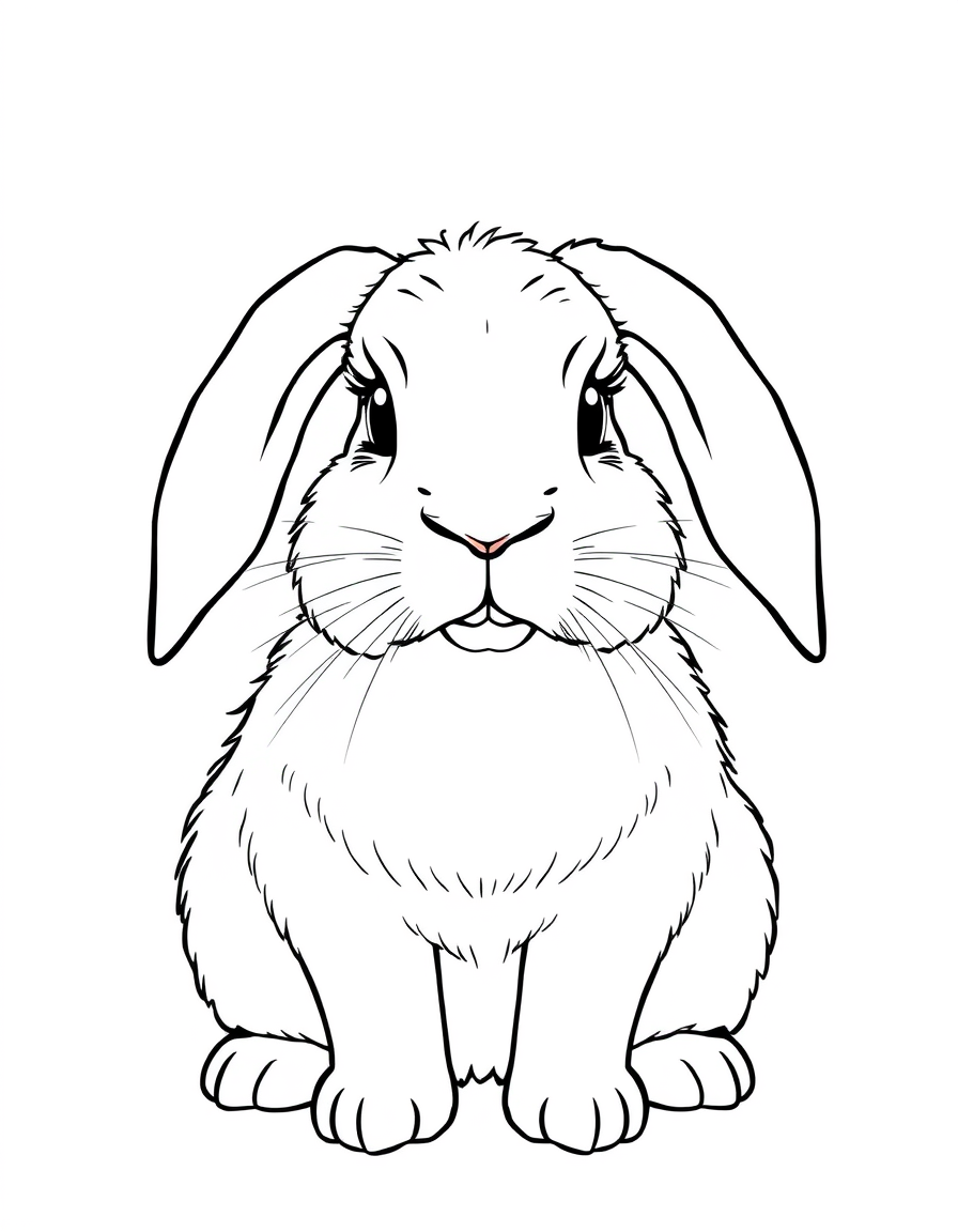 Black and white coloring page of fluffy lop eared rabbit with long ears