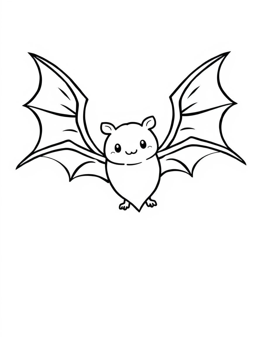 Flying Bat With Wings Spread Wide black and white line art