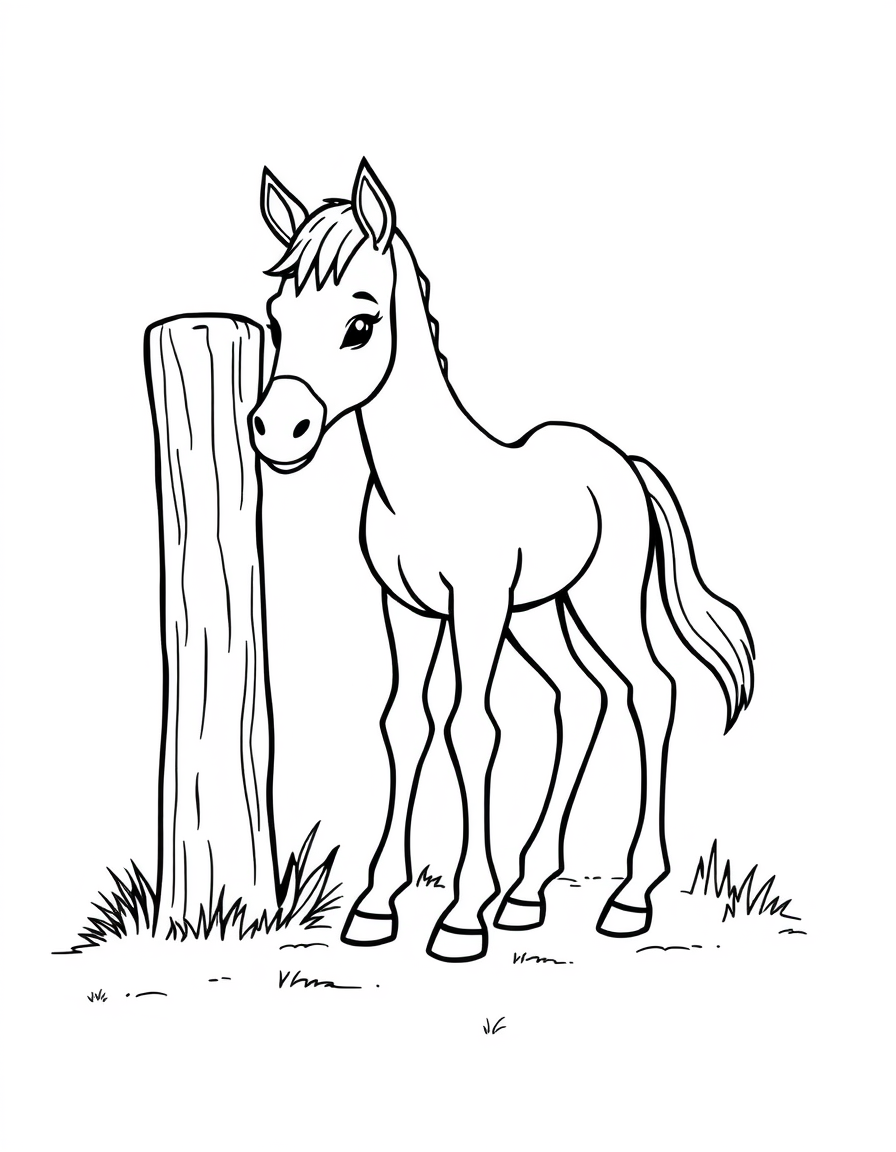 Baby horse foal standing beside a wooden fence post, thick outline coloring page