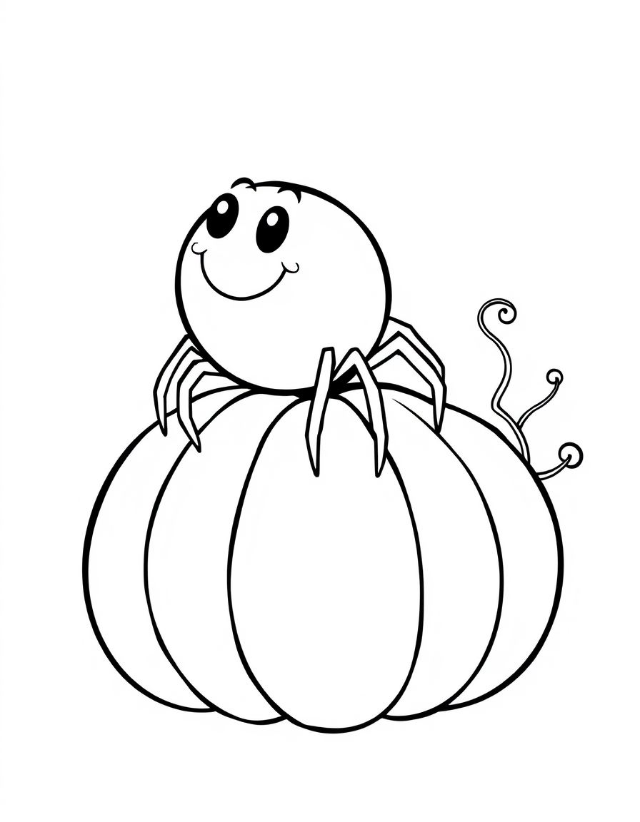 Friendly Halloween Spider on a Pumpkin black and white line art
