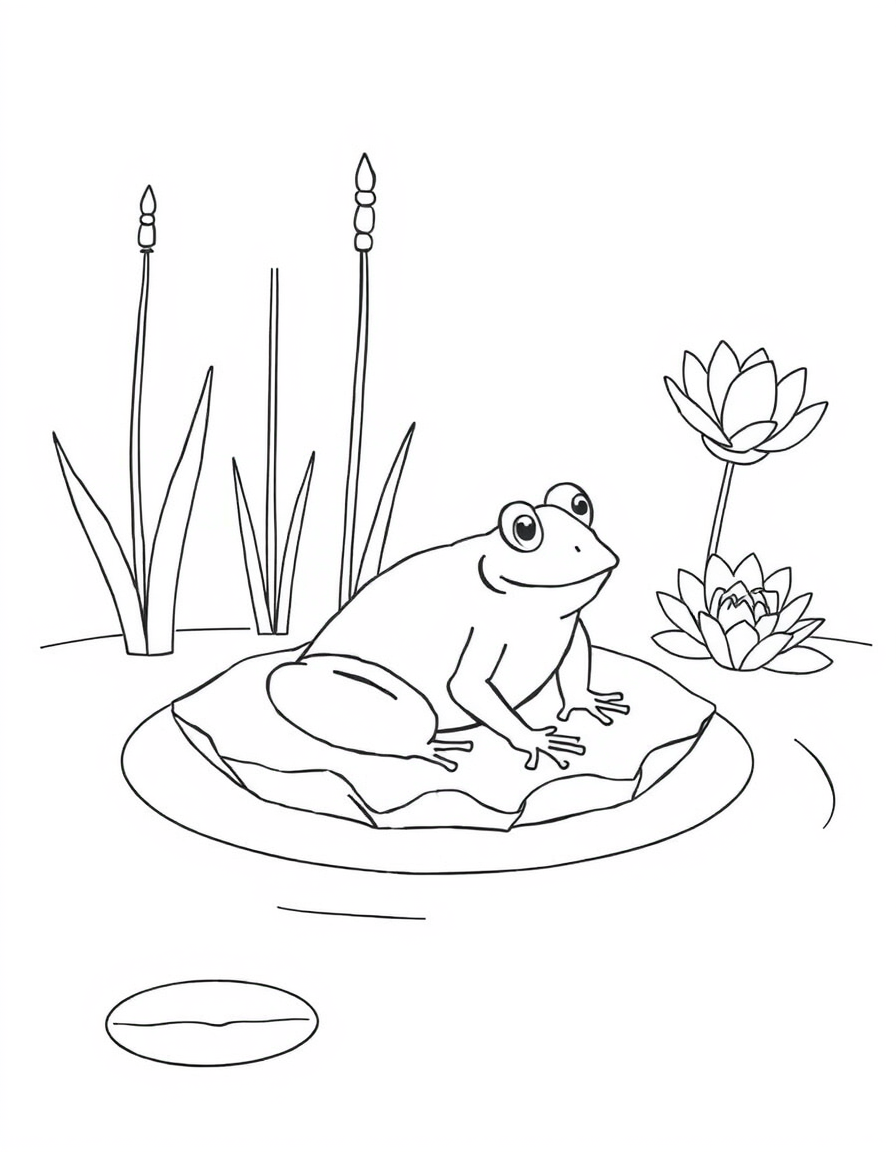Coloring page of a frog on a lily pad surrounded by cattails and open water lily flowers