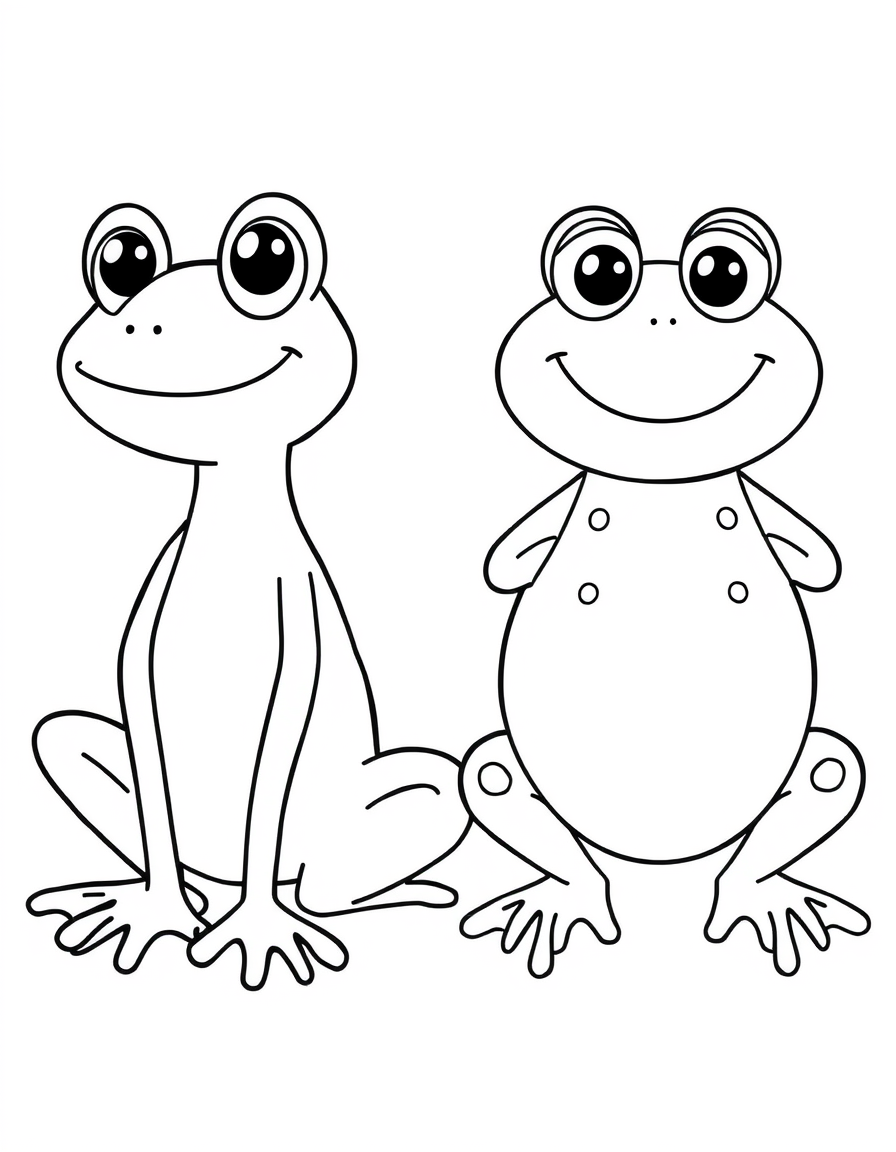 Coloring page of a smooth skinned frog on the left and a bumpy skinned toad on the right