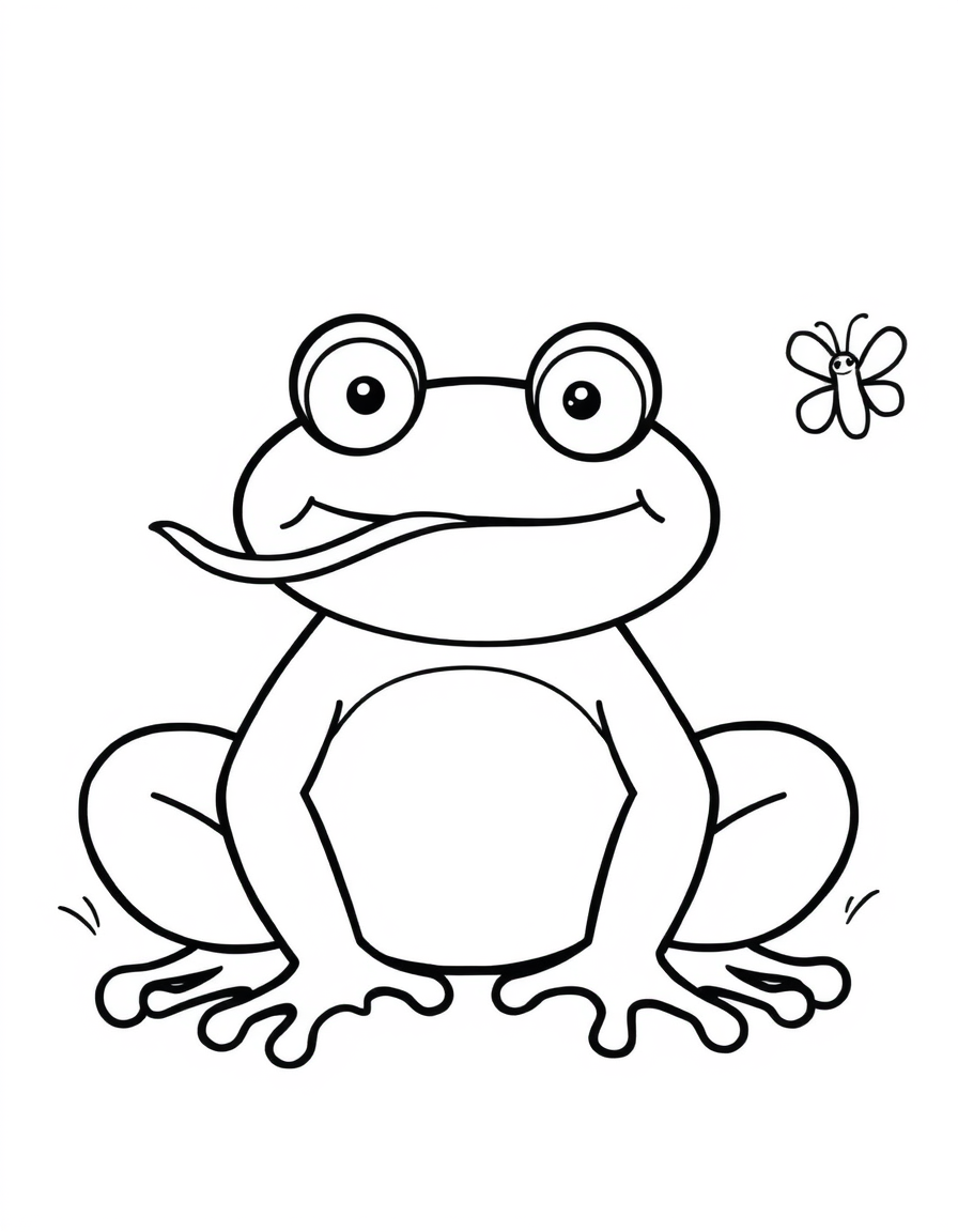 Coloring page of a cartoon frog with its long tongue stretched out and a fly hovering nearby