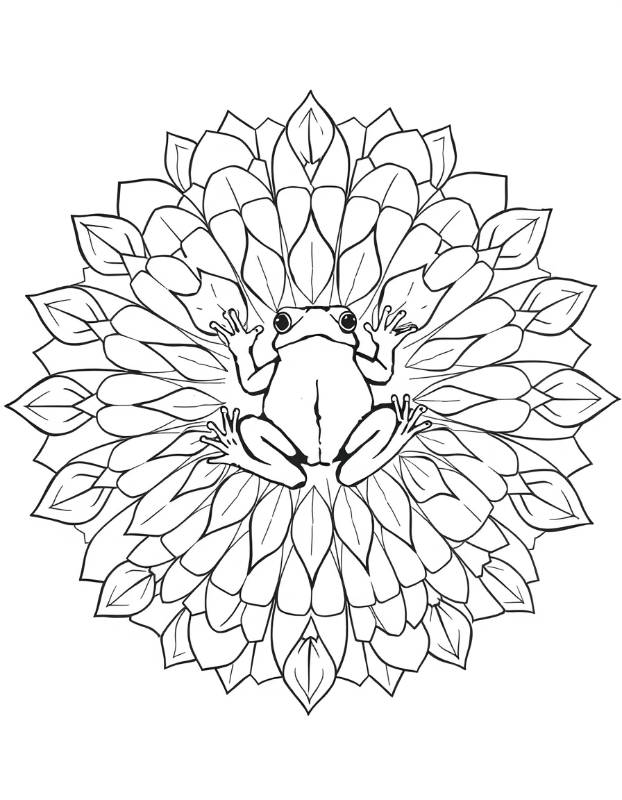 Coloring page of a round frog mandala with a frog at the centre inside rings of petal shapes
